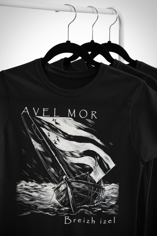 Stock T-shirt noir Avel Mor, voilier breton, armoric.bzh