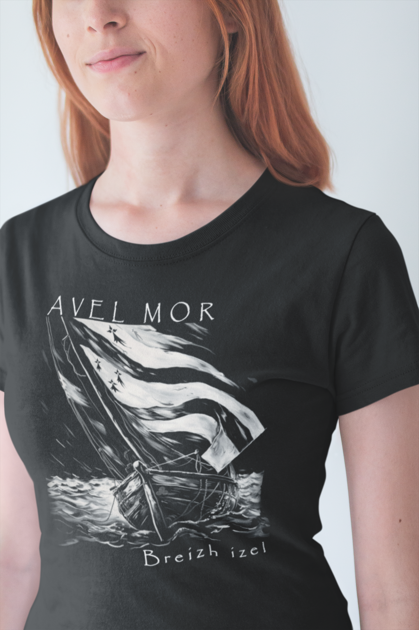 Stock T-shirt noir Avel Mor, voilier breton, armoric.bzh