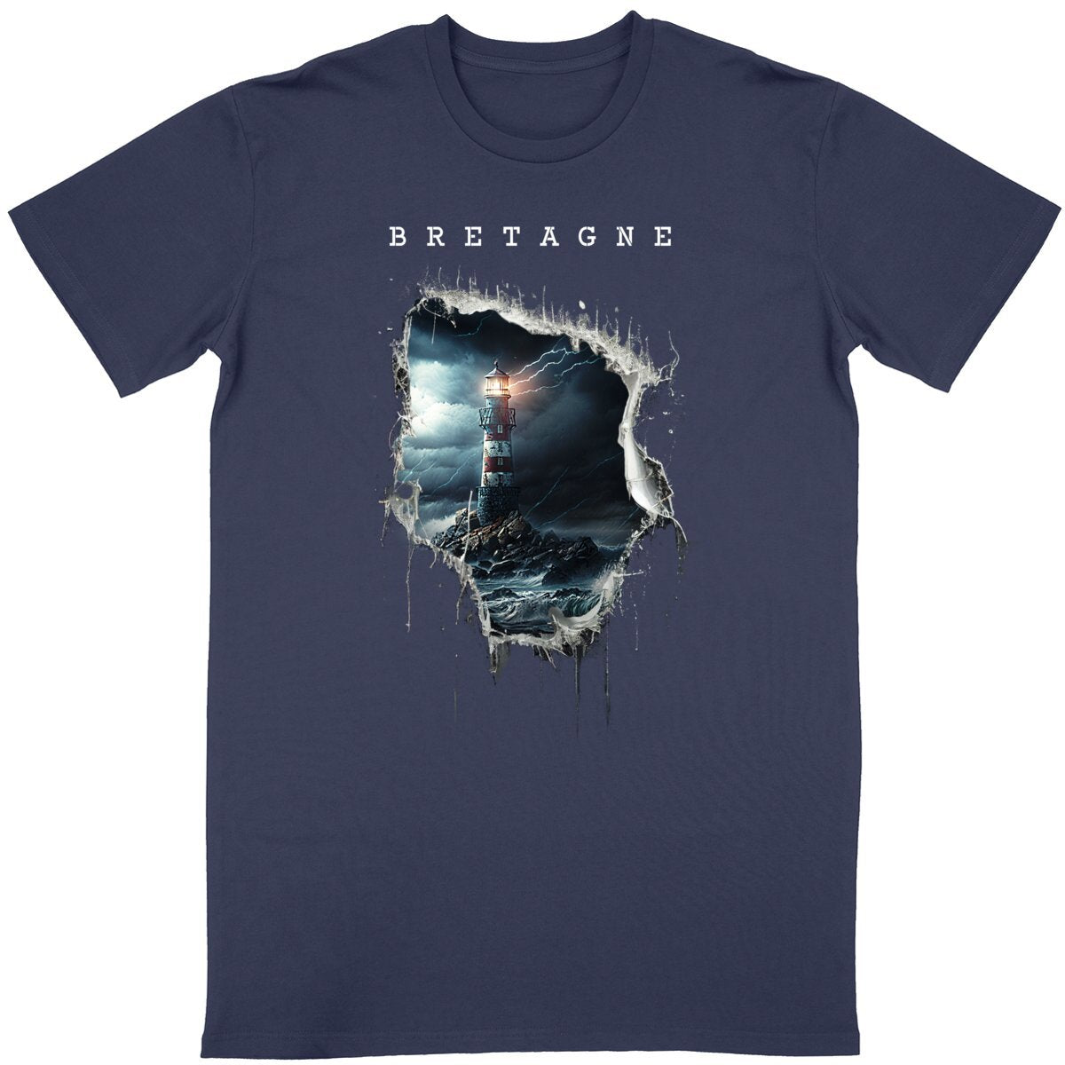 T-shirt Bretagne : Ouverture sur un phare breton mer déchainée