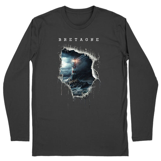 T-shirt Manche loongue Bretagne : Ouverture sur un phare breton mer déchainée