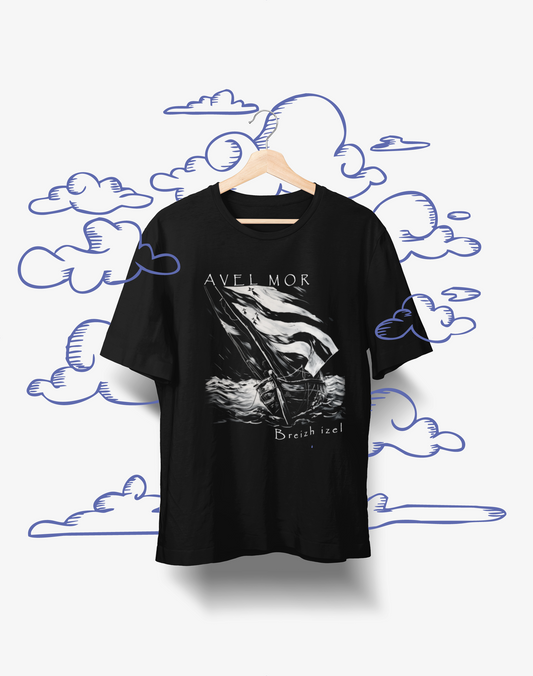 Stock T-shirt noir Avel Mor, voilier breton, armoric.bzh